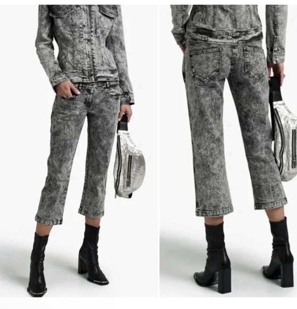 Norma Kamali Acid Wash Jeans Size 4 Black Gray Mid Rise Cropped Denim NWT